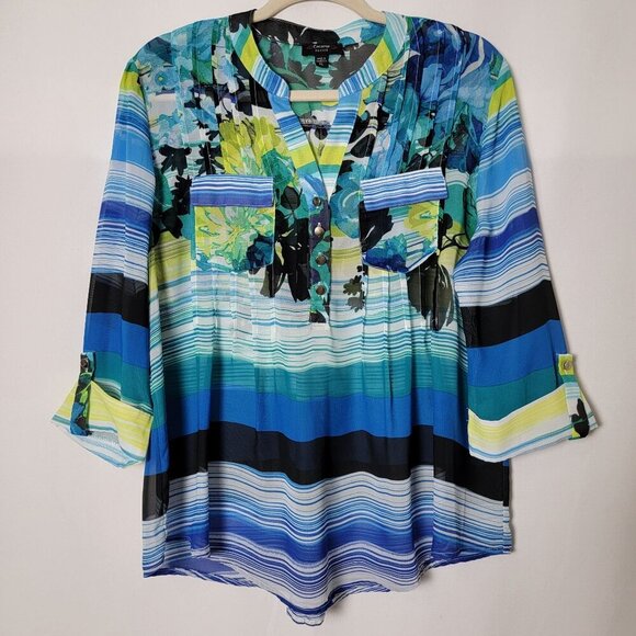 Cocomo Womens Blue Floral Striped Artsy 3/4 Sleeves Sheer Top Petite Large - Picture 2 of 9